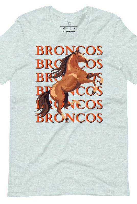 Saddle up for game day fun with our Bella Canvas 3001 unisex graphic tee! Gallop into Broncos spirit with our exclusive design featuring a lively Bronco horse and the spirited mantra "Broncos Broncos Broncos Broncos" on a heather prism ice blue shirt. 