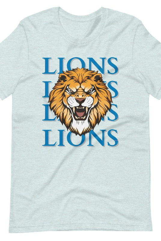 Roar in style with our Bella Canvas 3001 unisex graphic t-shirt featuring the "Lions Lions Lions Lions" design! Show your support for the Detroit Lions NFL football team with this bold heather prism ice blue tee.
