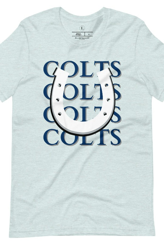 Horseshoe luck meets game day charm! Elevate your Colts pride with our Bella Canvas 3001 unisex tee featuring the spirited mantra "Colts Colts Colts Colts Colts" and a horseshoe illustration on a heather prism ice blue shirt. 
