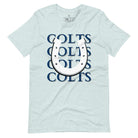 Horseshoe luck meets game day charm! Elevate your Colts pride with our Bella Canvas 3001 unisex tee featuring the spirited mantra "Colts Colts Colts Colts Colts" and a horseshoe illustration on a heather prism ice blue shirt. 