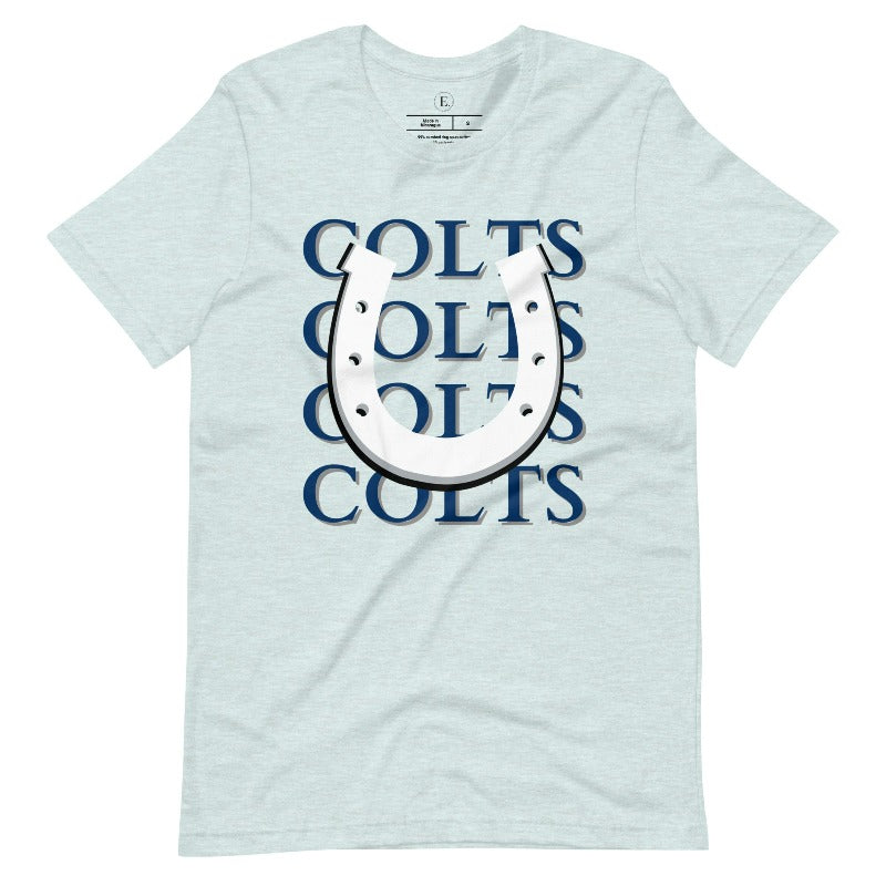 Horseshoe luck meets game day charm! Elevate your Colts pride with our Bella Canvas 3001 unisex tee featuring the spirited mantra "Colts Colts Colts Colts Colts" and a horseshoe illustration on a heather prism ice blue shirt. 