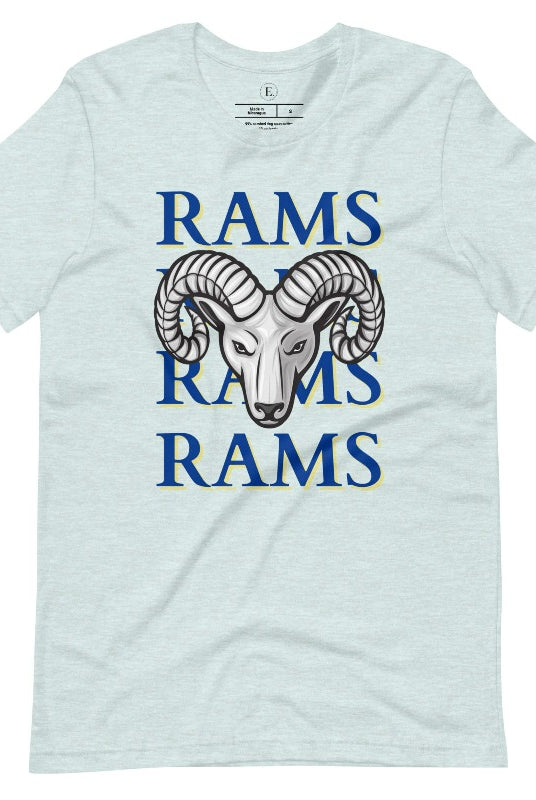 Unleash the Rams spirit with our Bella Canvas 3001 unisex tee! Elevate your game day style with the mantra 'Rams Rams Rams Rams' and a bold Rams head illustration on a heather prism ice blue shirt. 