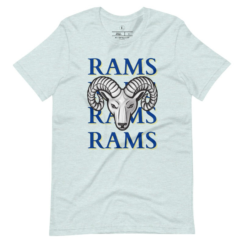 Unleash the Rams spirit with our Bella Canvas 3001 unisex tee! Elevate your game day style with the mantra 'Rams Rams Rams Rams' and a bold Rams head illustration on a heather prism ice blue shirt. 