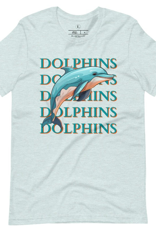 Introducing the Bella Canvas 3001 unisex graphic t-shirt that will make a splash! Dive into style with our Dolphins Dolphins Dolphins Dolphins tee, featuring a playful illustration of a dolphin for the Miami Dolphins football team on a heather prism ice blue shirt. 