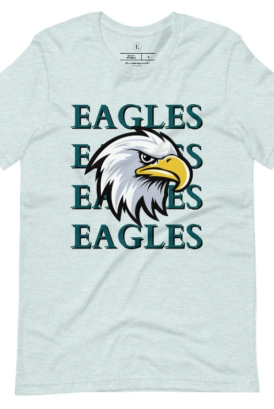 Get ready to soar high with our Bella Canvas 3001 unisex graphic t-shirt! Show your love for the Philadelphia Eagles NFL football team with our "Eagles Eagles Eagles Eagles" tee featuring a majestic American Eagle illustration on a heather prism ice blue shirt. 
