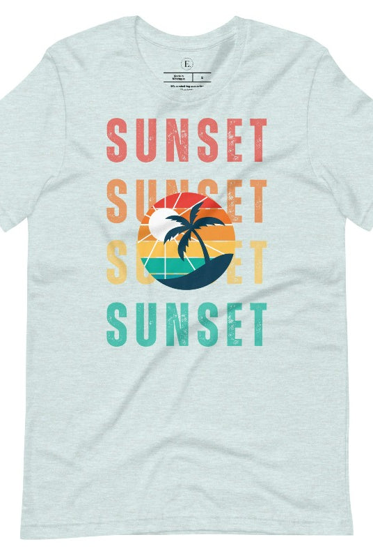 Capture the essence of tropical paradise with our Sunset t-shirt. This shirt features four rows of the word 'sunset' surrounding a stunning palm tree, bringing a laid-back, beachy vibe to your wardrobe with this heather prism ice blue tee. 