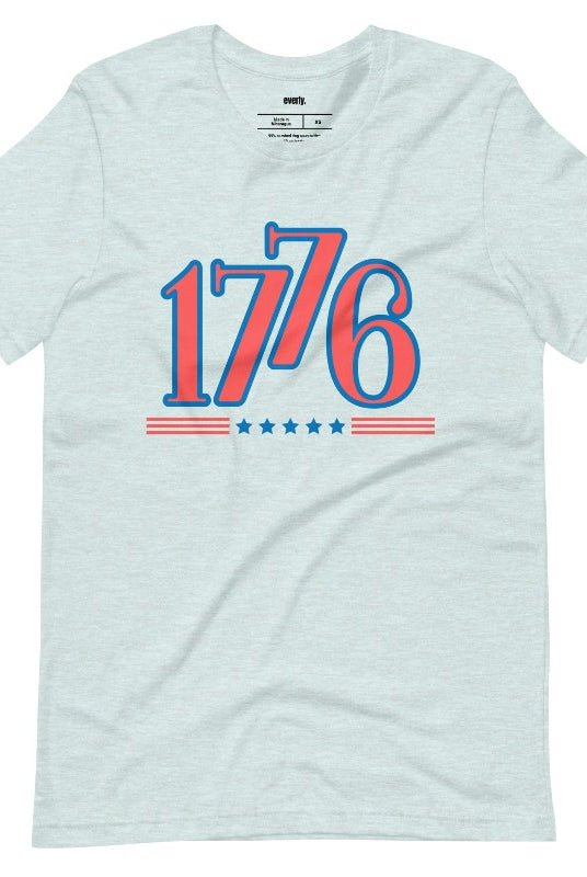 Close-up of a USA July 4th graphic t-shirt with the number '1776' prominently displayed on the front. The shirt features a patriotic design and is perfect for celebrating Independence Day in style on a heater dust ice blue graphic t-shirt.