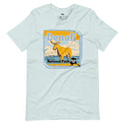 Heather Prism Ice Blue Bella + Canvas 3001 t-shirt featuring a colorful Denali National Park graphic with a moose and mountains, showcasing the beauty of Alaska's wilderness.