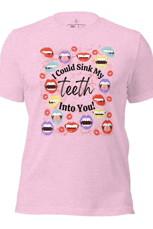 Sink your teeth into Halloween style with our vampire lips shirt. Adorned with a collection of seductive vampire lips, this shirt mesmerizes with its allure. The cheeky message, 'I could sink my teeth into you,' adds a playful twist on a heather prism lilac shirt. 