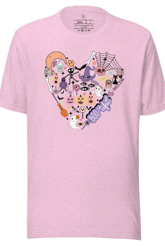 Experience Halloween's magic intertwined with love in a captivating heart-shaped tale. Ghosts, pumpkins, witches, and other symbols of the holiday come together in a bewitching ride that reminds us love conquers all, even the darkest shadows on a heather prism lilac shirt. 