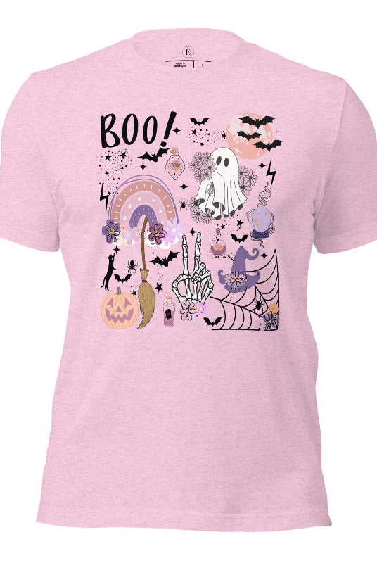 Experience the essence of Halloween with our bewitching shirt. Immerse yourself in a tapestry of Halloween symbols, from pumpkins to bats and witches, and all centered around the timeless exclamation, 'Boo!' This captivating design embodies the spirit of the season, on a heather prism lilac shirt. 