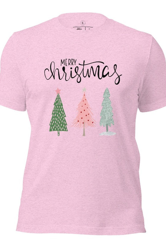 Elevate your festive wardrobe with our trendy shirt and make a chic statement this Christmas. The design features a stylish "Merry Christmas" message along with modern pink and teal Christmas trees on a heather prism lilac shirt. 