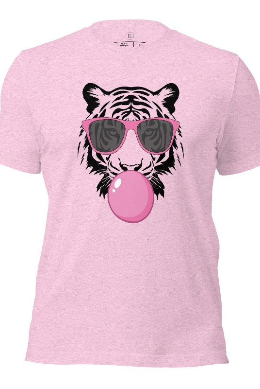 Bubble blowing tiger wearing pink sunglasses on a heather prism lilac colored shirt.