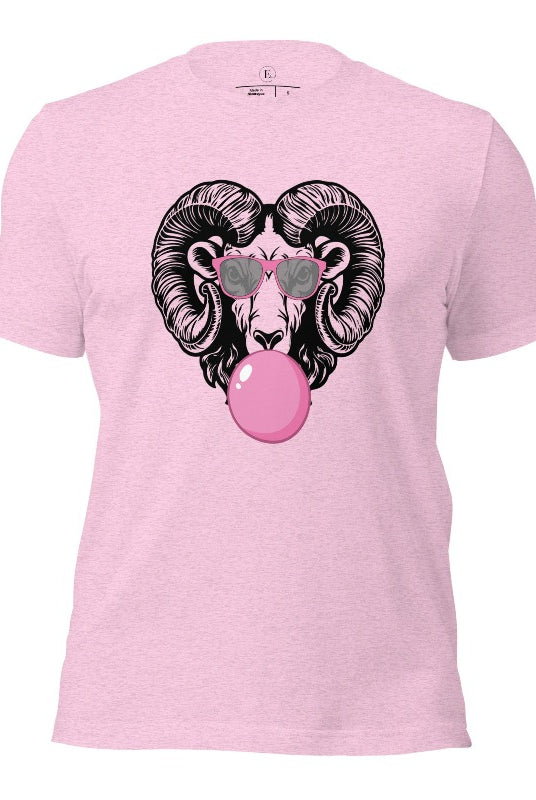 A ram blowing bubble gum with sunglasses on on a heather prism lilac colored shirt.