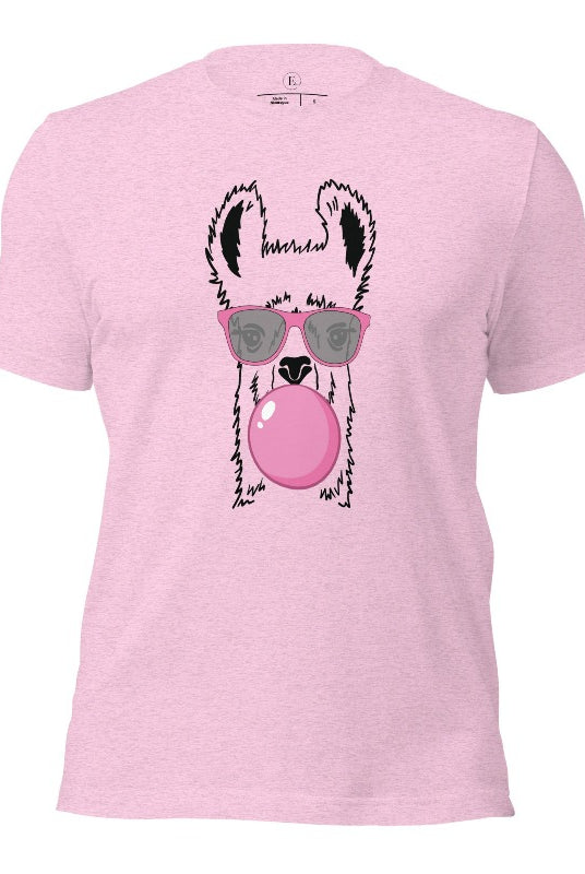 Llama wearing pink sunglasses blowing a bubble gum bubble on a heather prism lilac colored shirt.