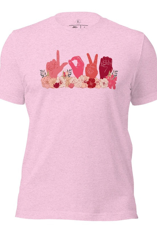 ASL hands signing love in floral flowers on a heather prism lilac colored shirt.