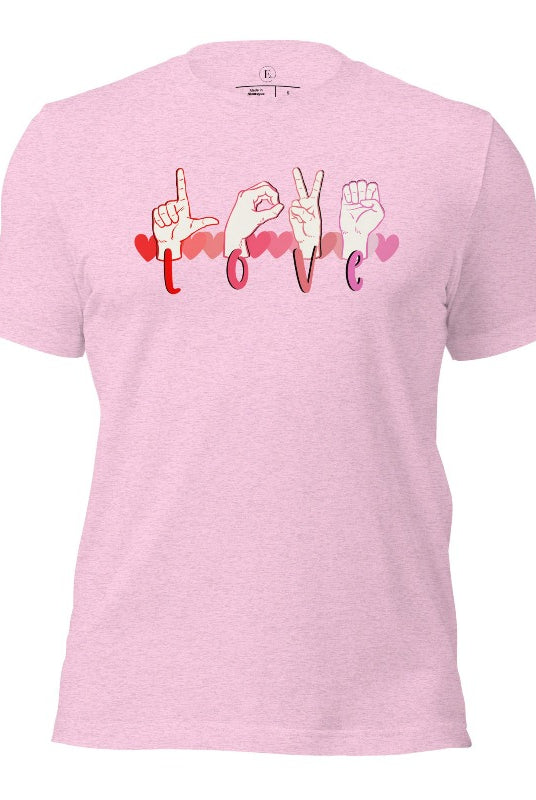 Beautiful ASL hand gesture spelling out love with hearts on a heather prism lilac colored shirt.