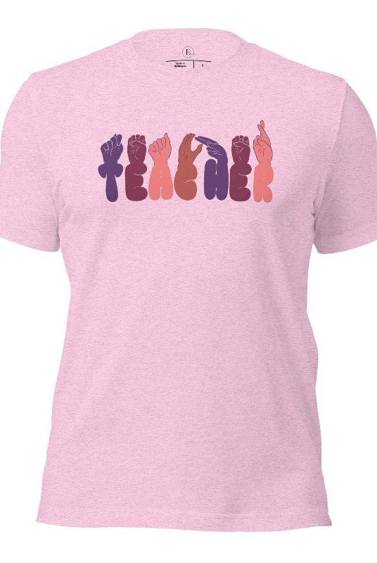 Let's celebrate our educators with this unique ASL teacher t-shirt. The word "teacher" is spelled out in American Sign Language using expertly crafted hands, highlighting their vital role in shaping our society. ASL teacher on a heather prism lilac colored shirt.