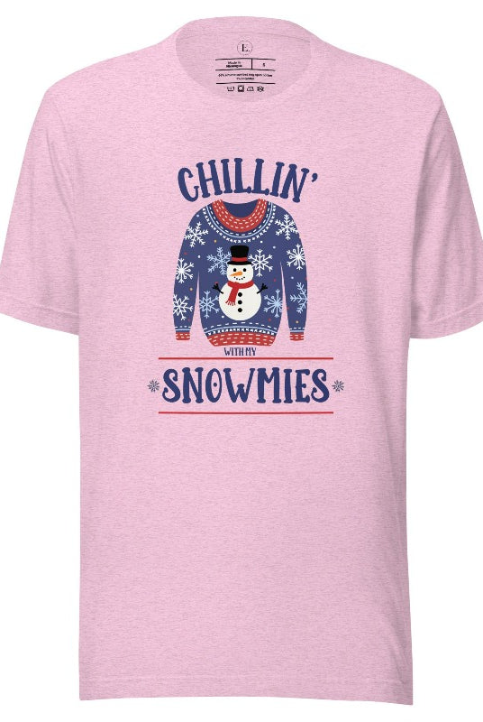 Get into the holiday spirit with our adorable Christmas sweater featuring a snowman and the playful phrase "Chillin' with my Snowmies" on heather prism lilac colored shirt.