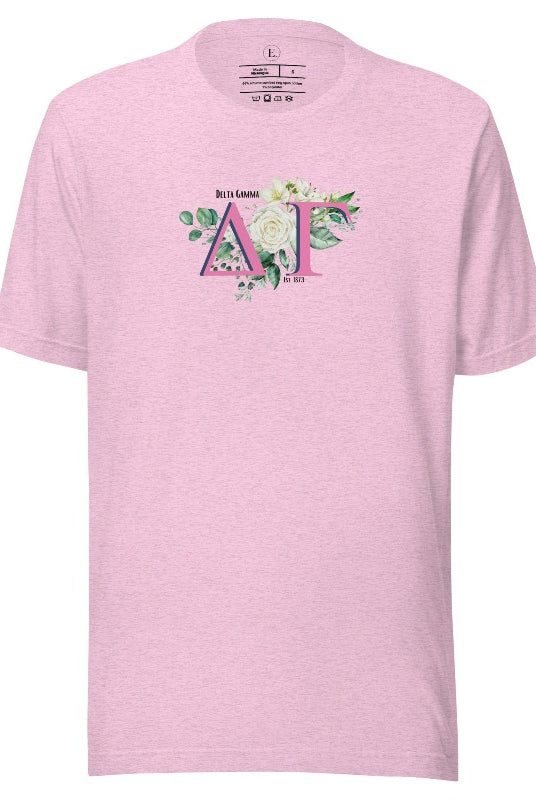 Display your Delta Gamma pride with our sorority t-shirt design! Featuring the sorority letters and the exquisite cream rose on a heather prism lilac shirt. 