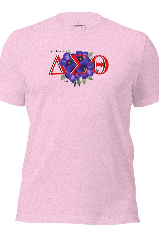 Show off your Delta Sigma Theta sisterhood with our exclusive sorority t-shirt design! The t-shirt features the sorority's letters along with the vibrant African violet, symbolizing empowerment, strength, and courage on a heather prism lilac shirt. 
