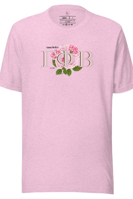 Are you looking for a way to show off your Gamma Phi Beta pride? Look no further than our sorority t-shirt design! Our shirts feature the sorority letters and a beautiful pink carnation, representing the values of sisterhood and beauty that Gamma Phi Beta stands for on a heather prism lilac shirt. 