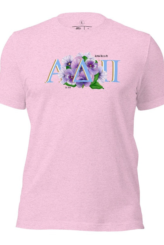 Show your Alpha Delta Pi pride with our stylish t-shirt featuring the sorority letters and the iconic violet, their symbolic flower on a heather prism lilac shirt. 