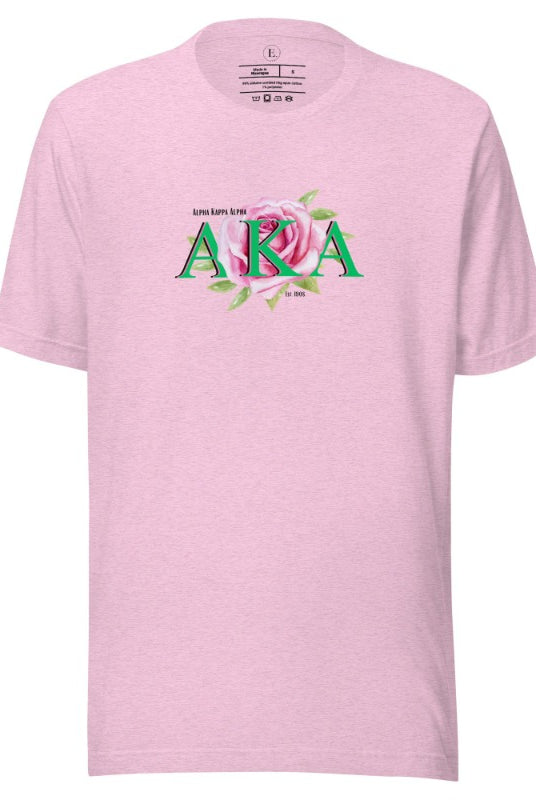 Show off your Kappa Alpha Kappa sisterhood with our stunning t-shirt featuring the sorority letters and the graceful pink tea rose on a heather prism lilac shirt.