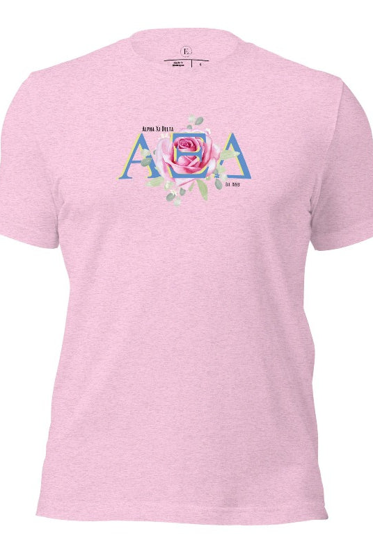 Show your Alpha Xi Delta pride with our stylish t-shirt featuring the sorority's letters and iconic pink rose on a heather prism lilac shirt. 