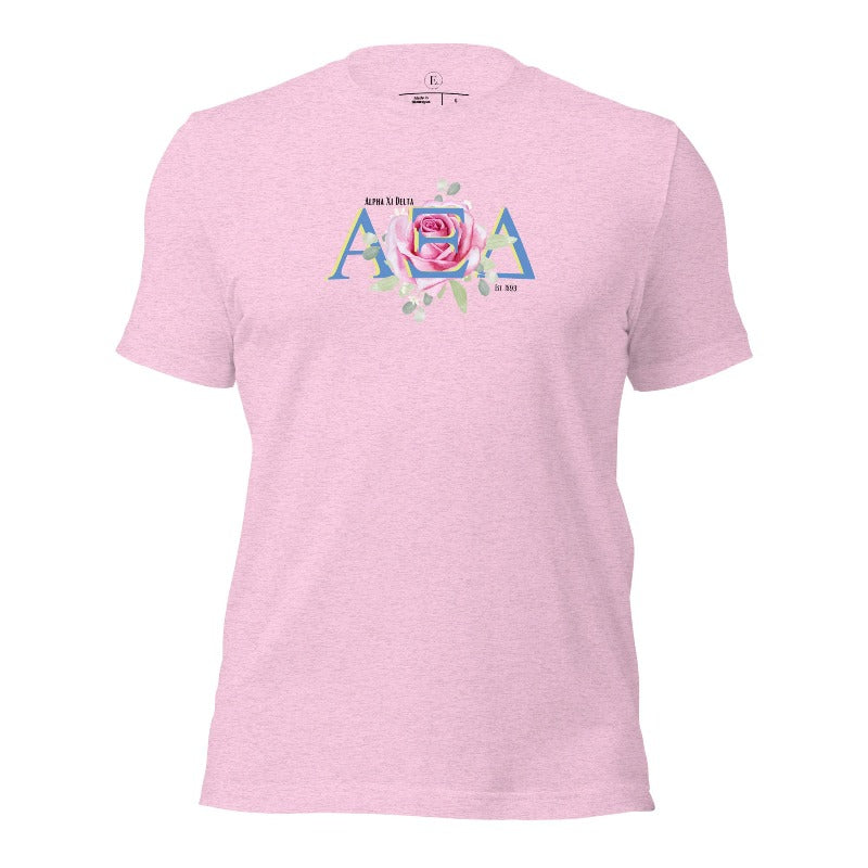 Show your Alpha Xi Delta pride with our stylish t-shirt featuring the sorority's letters and iconic pink rose on a heather prism lilac shirt. 