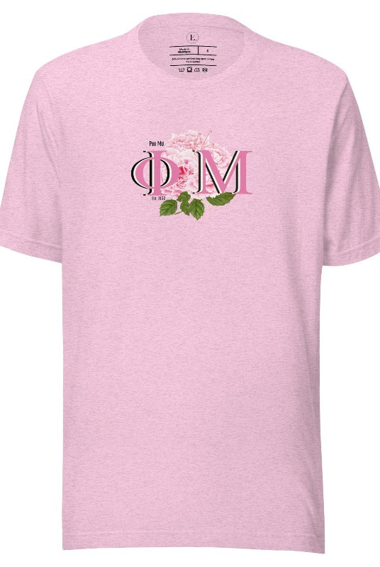 Looking for a stylish t-shirt to elevate your Phi Mu sisterhood? Our design features the sorority letters and beautiful pink carnations on a pink shirt. 