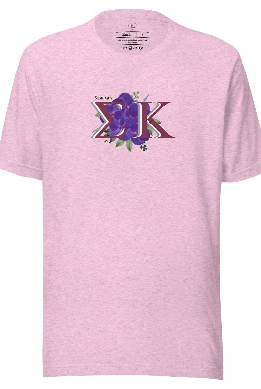 Looking for a way to showcase your Sigma Kappa pride? Look no further than our stylish t-shirt, featuring the sorority's iconic letters and the enchanting wild purple violets on a heather prism lilac shirt. 