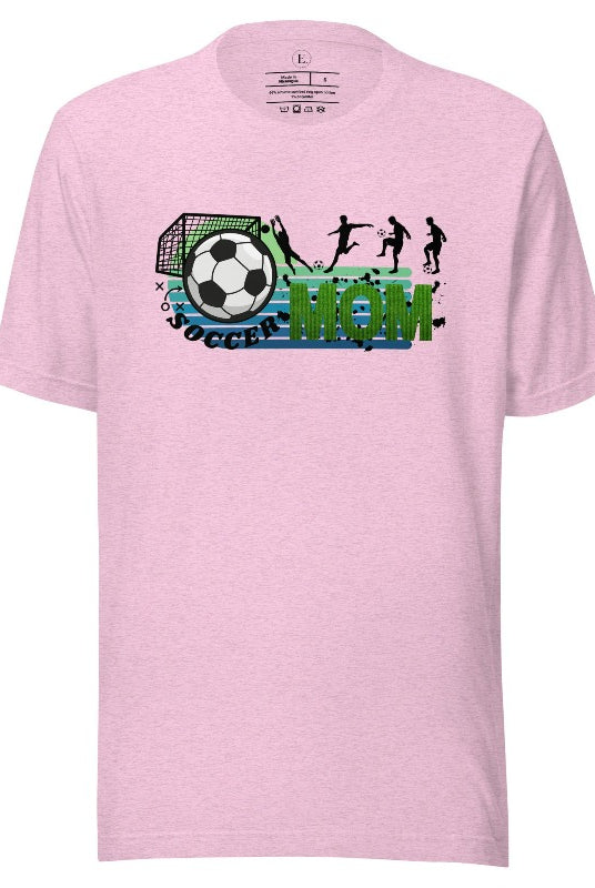 Support your soccer star on and off the field with our Soccer Mom t-shirt. Crafted with soft, breathable fabric, this shirt ensures comfort all day long. It's trendy design showcases your love for the game and your role as a proud soccer mom on a heather prism lilac shirt. 
