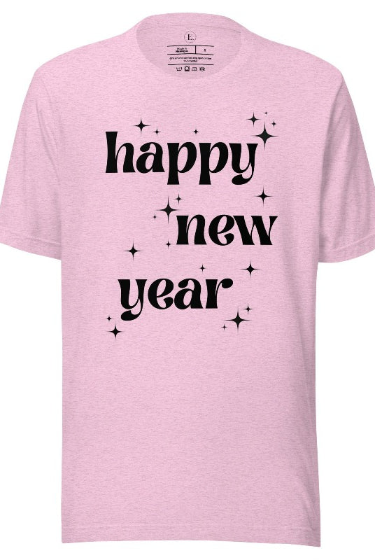 Ring in the New Year with our stunning Happy New Year shirt featuring captivating modern star designs on a heather prism lilac shirt. 