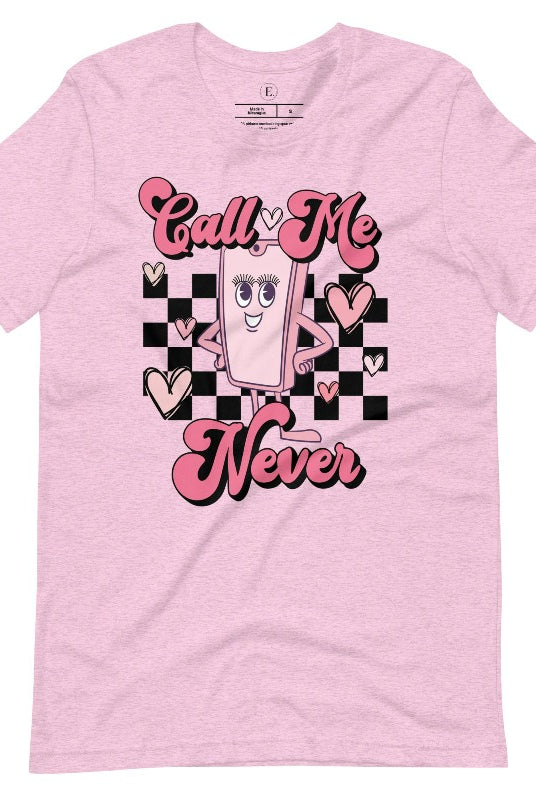 Step back in time with our retro Valentine's Day shirt. Featuring a quirky cell phone person, this tee adds a playful twist to the season of love on a heather prism lilac colored shirt. 
