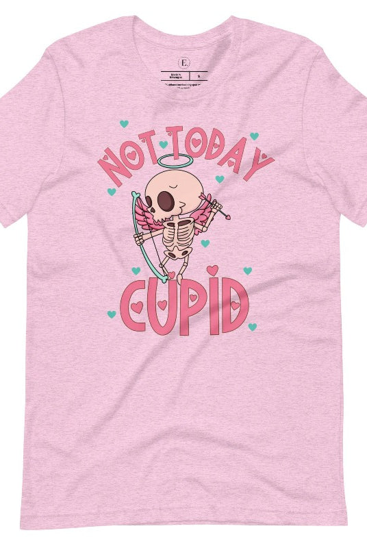 Unleash your rebellious spirit this Valentine's Day with our edgy shirt featuring a skeleton Cupid. The bold "Not Today Cupid" message adds a touch of attitude, making this tee a standout choice for those who march to the beat of their own drum on a heather prism lilac shirt. 