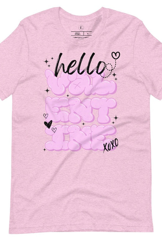 Make a bold statement this Valentine's Day with our street-style graffiti tee! Featuring "Hello Valentine" In eye-catching bubble lettering, on a heather prism lilac shirt. 