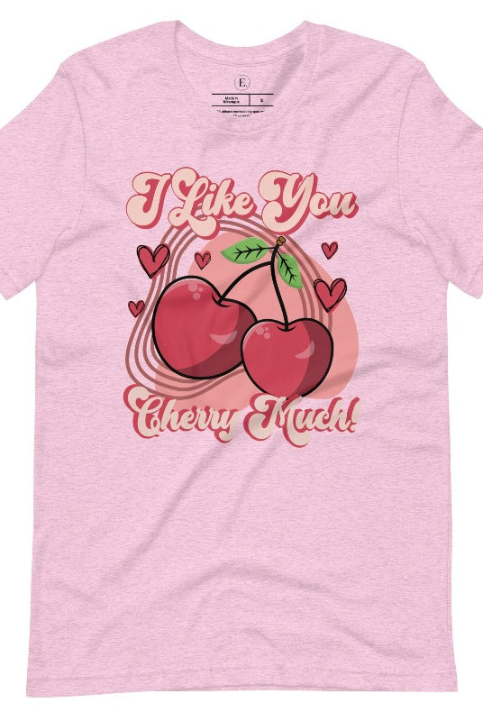 Express your affection with our charming Valentine's Day shirt! Featuring adorable cherries and the sweet message " I Love You Cherry Much," on a heather prism lilac shirt. 