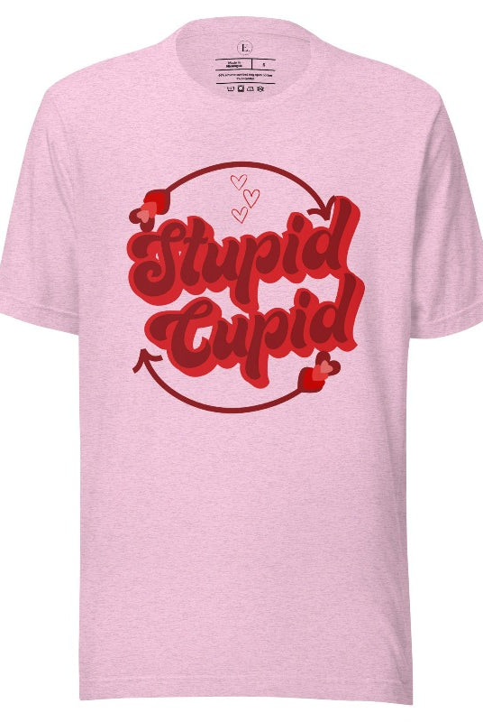 Express your Valentine's Day attitude with our bold and cheeky shirt proclaiming "Stupid Cupid" on a heather prism lilac shirt. 