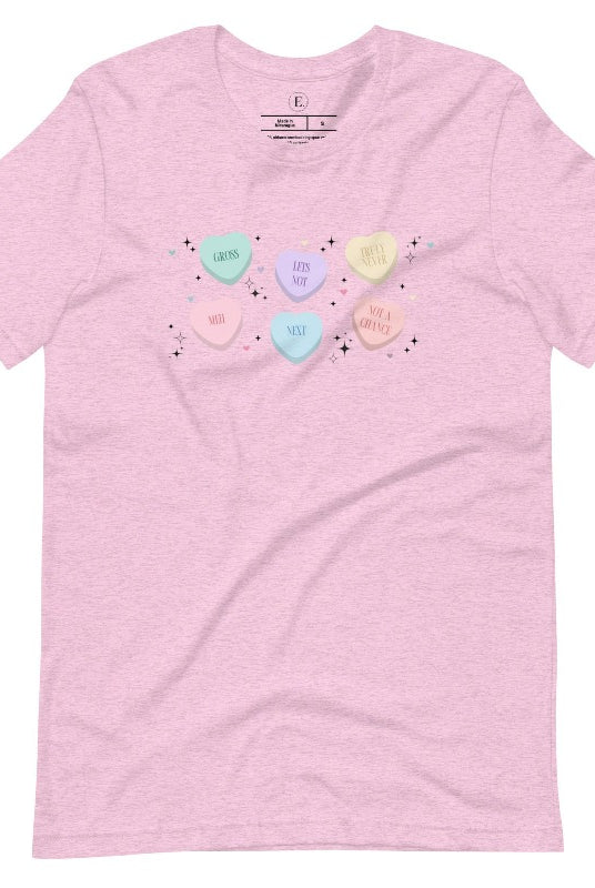 Embrace a humorous take on Valentine's Day with our shirt featuring candy hearts with unconventional messages like "Gross," "Not a Chance," "Next," "Truly Never," "Meh," "Not a Chance," and "Let's Not" on a heather prism lilac shirt. 