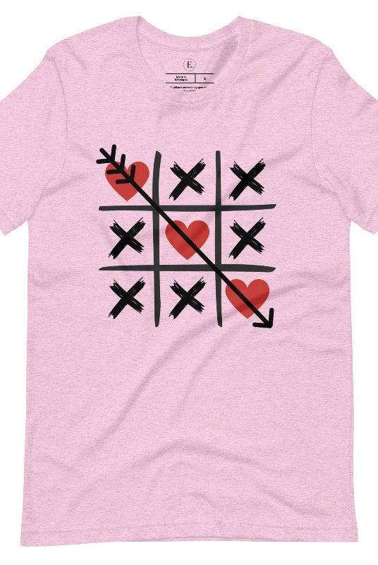 Add a playful twist to Valentine's Day with our Tic-Tac-Toe shirt featuring exes and three hearts. The winning move, an arrow through the three hearts, adds a cheeky touch to this fun and stylish pink shirt. 