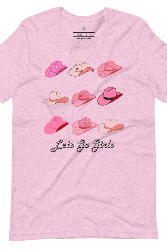 Get ready to wrangle in style with our country western shirt collection. Featuring a variety of pink cowboy hats and the classic phrase "Let's Go Girls," on a heather prism lilac shirt. 