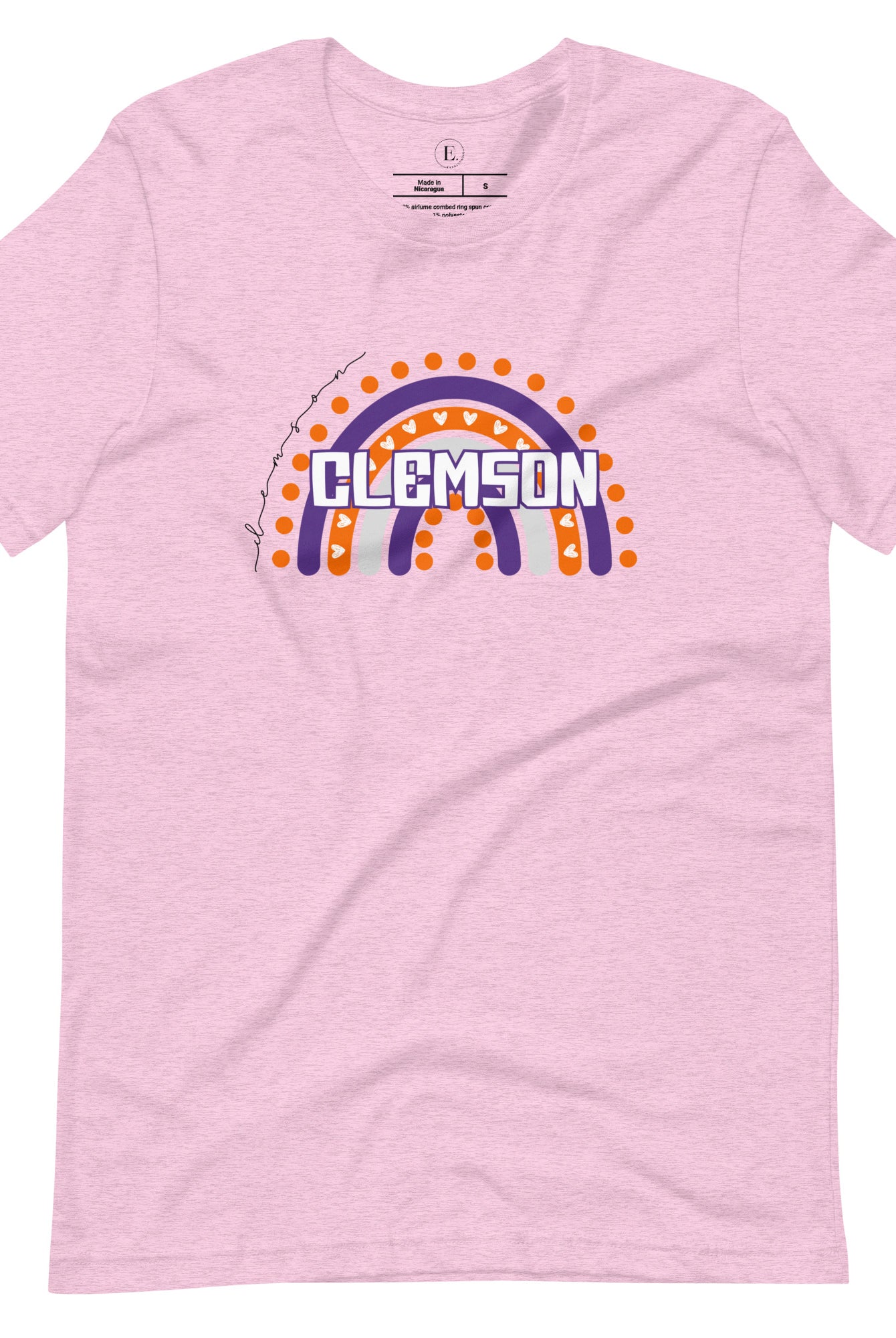 Celebrate your love for Clemson University with our colorful college t-shirt that showcases the beautiful Clemson colors that creates a stunning rainbow backdrop, with the schools name atop a pink shirt.
