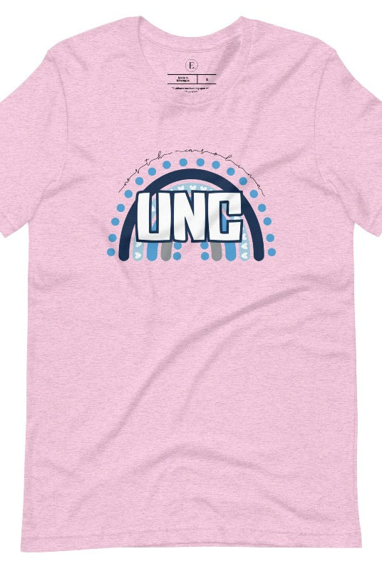 Check out this eye-catching t-shirt designed, featuring the iconic UNC letters set against a vibrant rainbow backdrop. Not only does it let you show off your school spirit, it also sends a trendy and powerful school spirit vibe on a heather prism lilac shirt. 