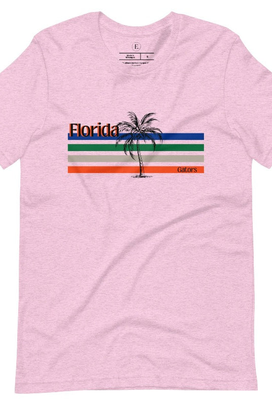 Celebrate your love for the Florida Gators with our modern-inspired retro t-shirt. It captures the essence of campus life, featuring school colors in lines and a palm tree motif on a heather prism lilac shirt. 