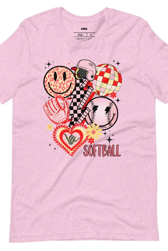 Retro softball vibes design on a heather prism lilac graphic tee.