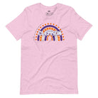 Bella + Canvas 3001 unisex shirt featuring a colorful rainbow design with the word "Clemson" in the center, representing Clemson University on a pink graphic tee.