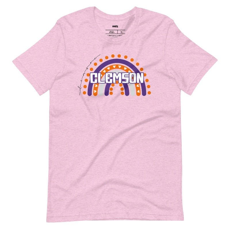 Bella + Canvas 3001 unisex shirt featuring a colorful rainbow design with the word "Clemson" in the center, representing Clemson University on a pink graphic tee.