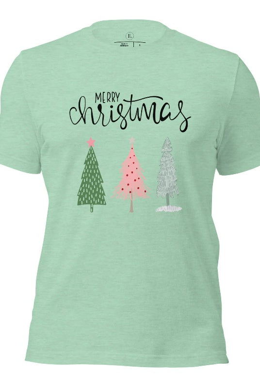 Elevate your festive wardrobe with our trendy shirt and make a chic statement this Christmas. The design features a stylish "Merry Christmas" message along with modern pink and teal Christmas trees on a heather prism mint shirt. 