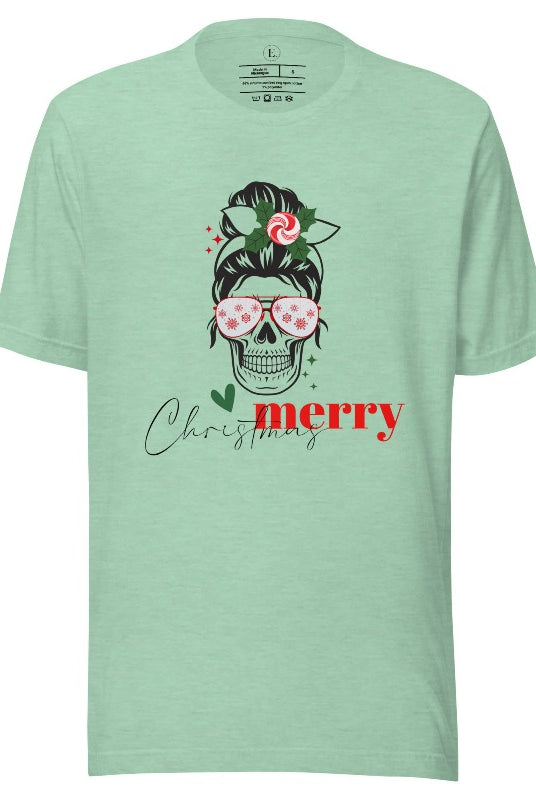 Get into the festive spirit with our Merry Christmas messy bun skull shirt design on a heather prism mint colored shirt.